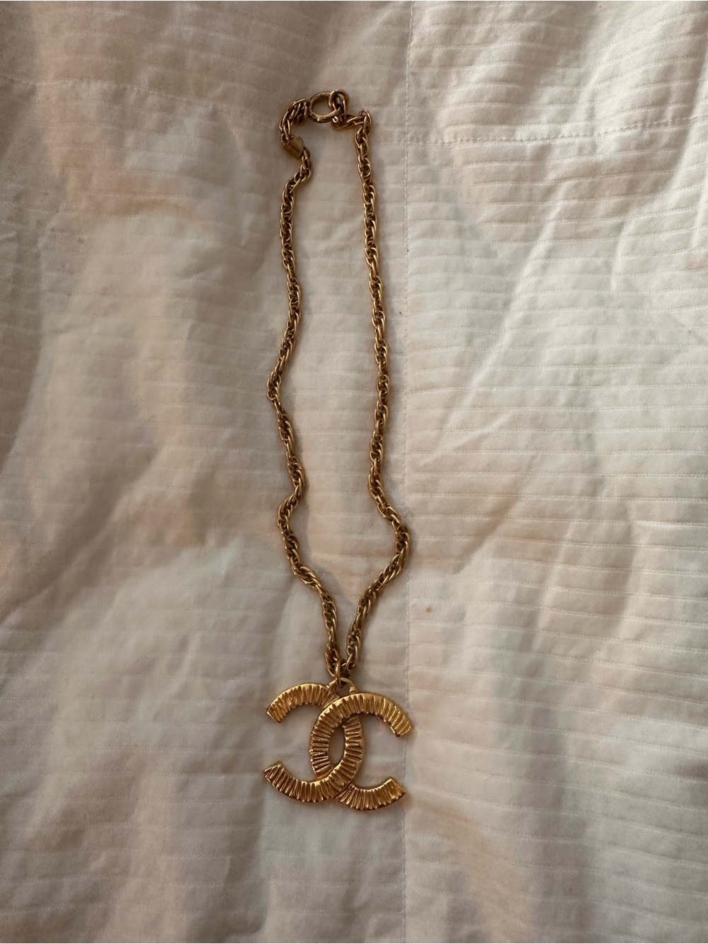 Vintage CHANEL Gold Textured Double C Pendant Necklace